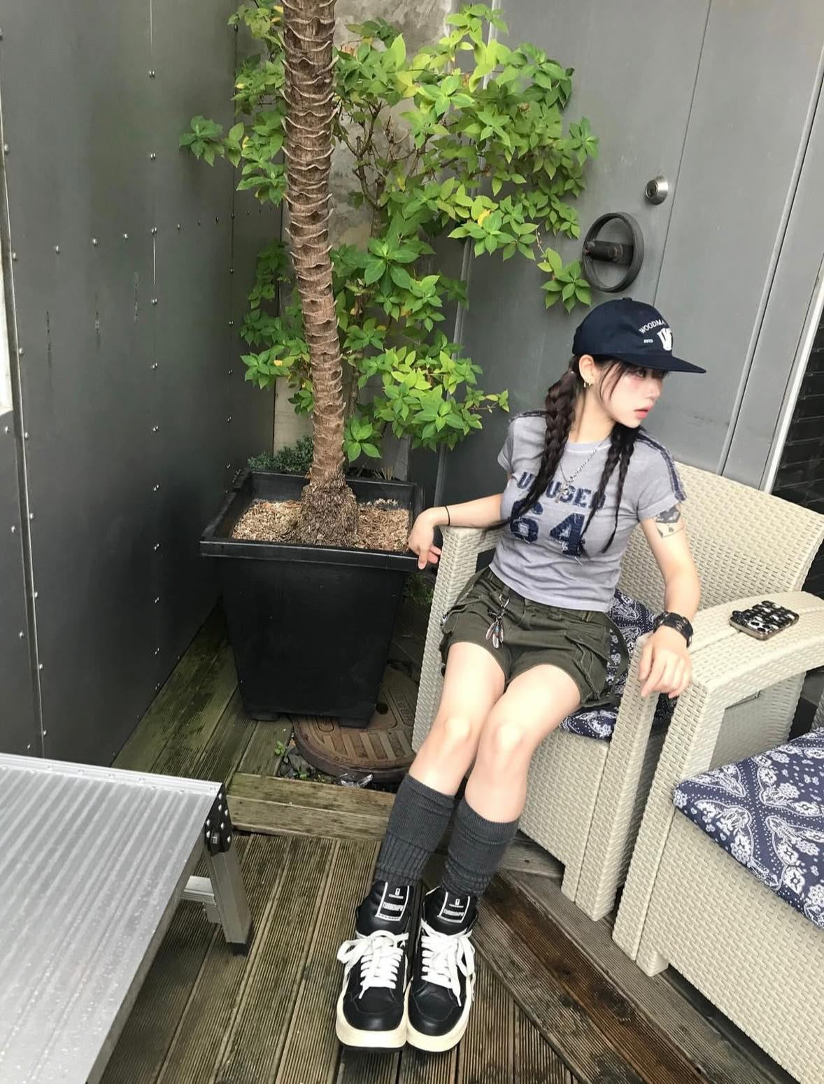 短款牛仔布條紋短T