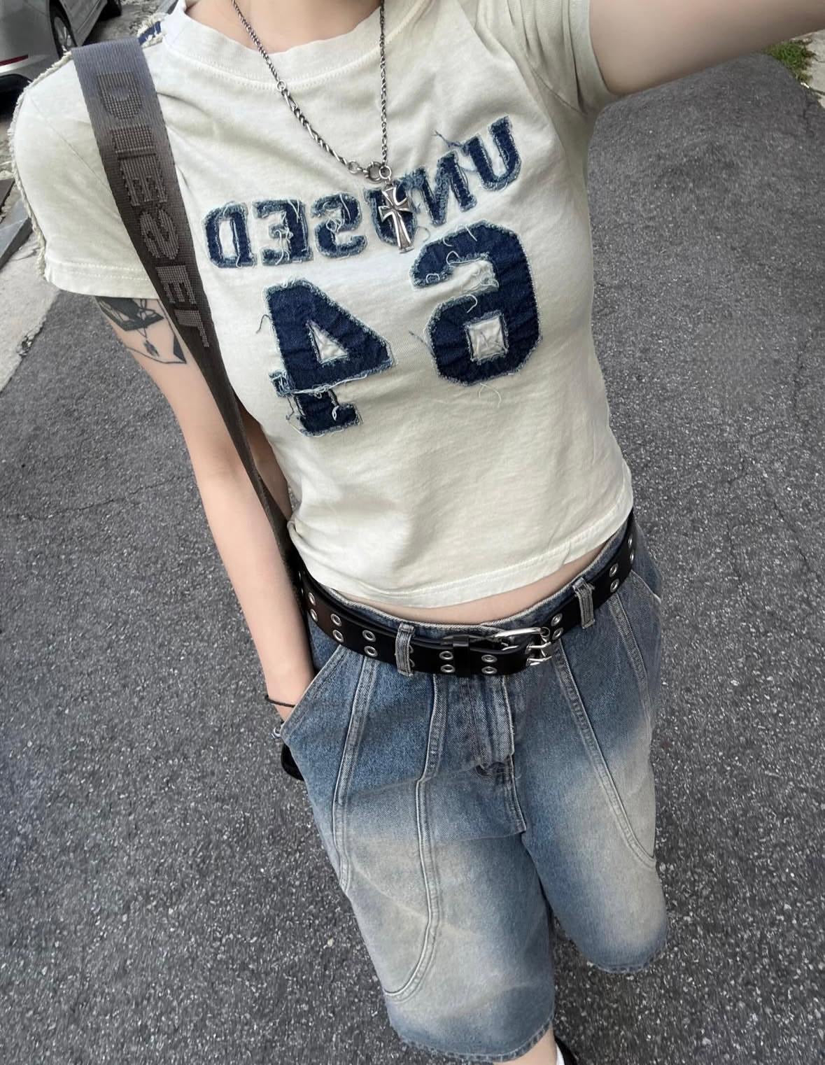 短款牛仔布條紋短T