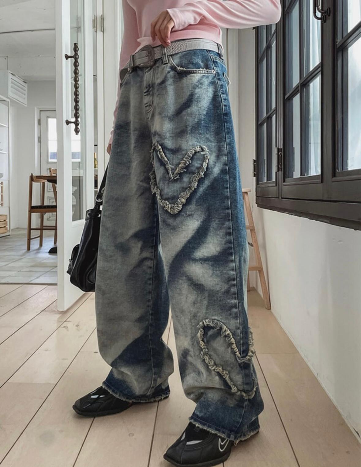 心心刺繡牛仔褲
