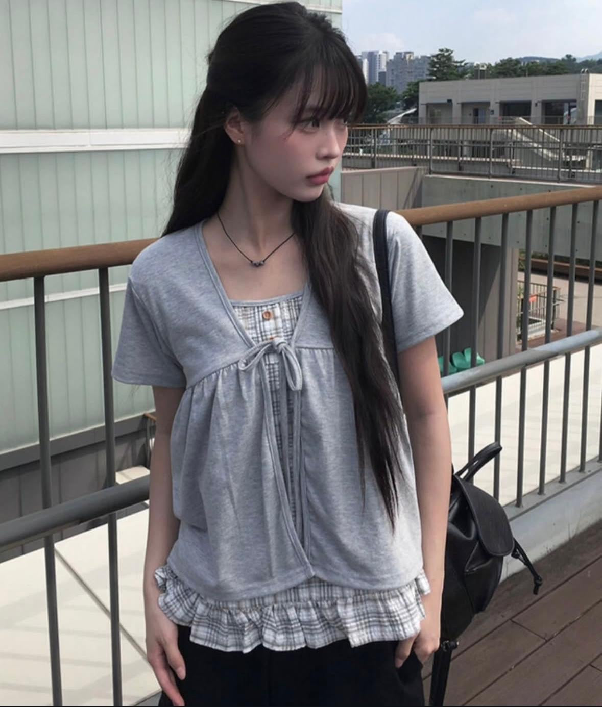 格紋拼接雙層短袖套衫