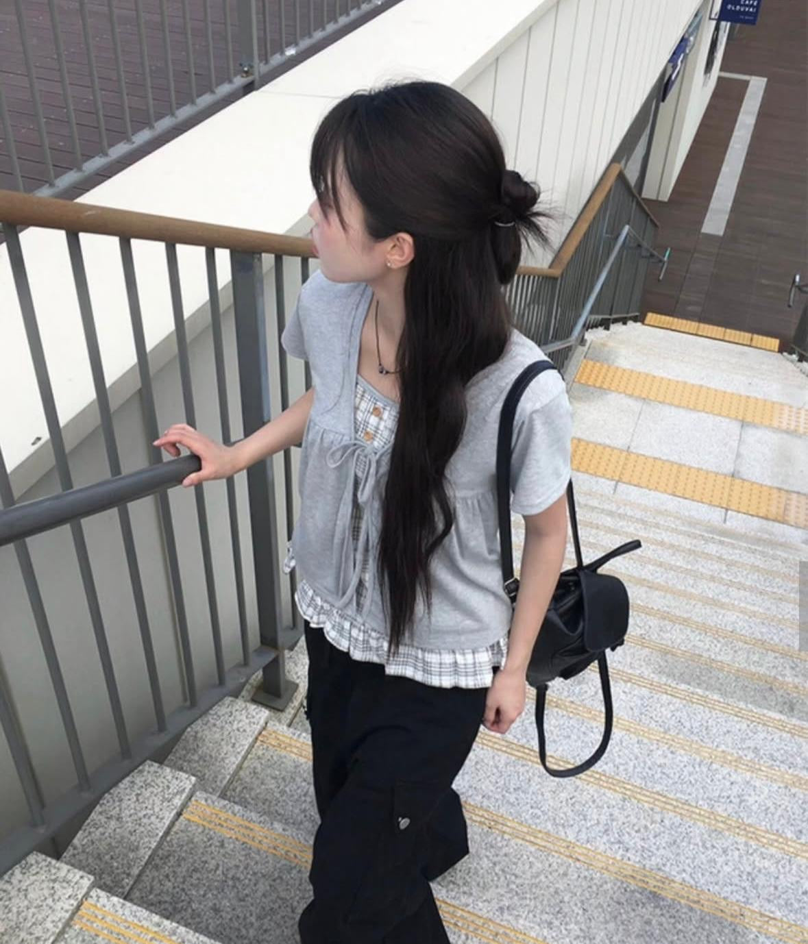 格紋拼接雙層短袖套衫