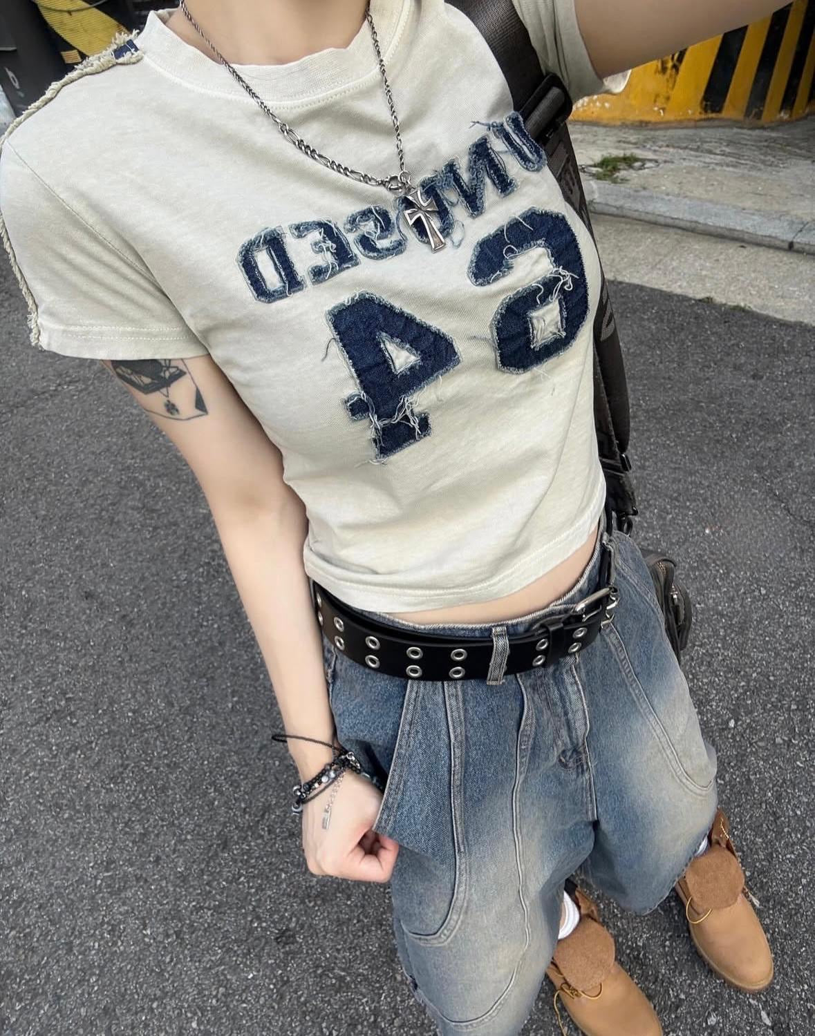 短款牛仔布條紋短T