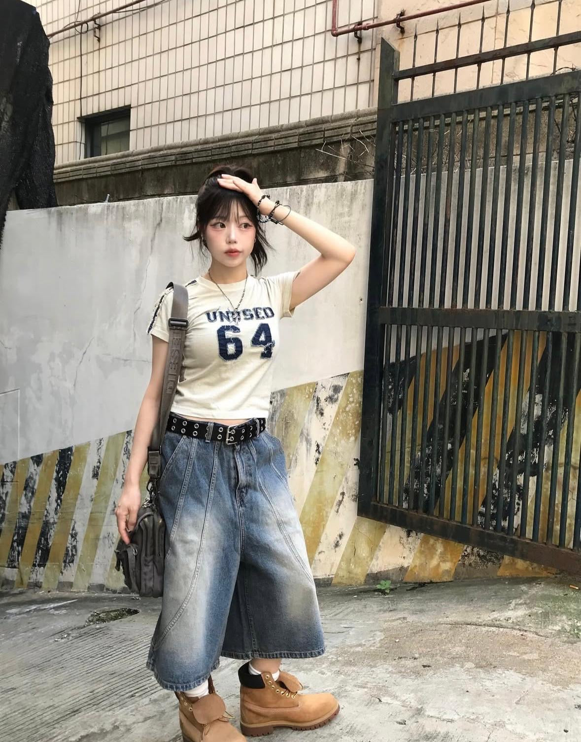 短款牛仔布條紋短T