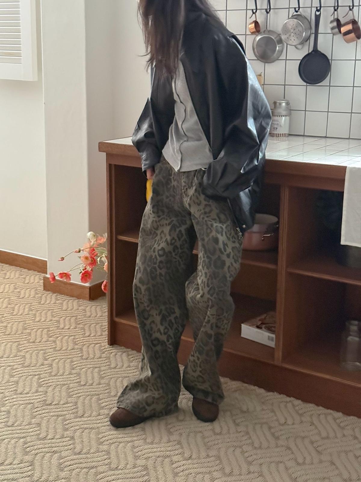 低腰豹紋baggy褲
