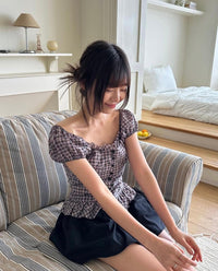 格紋泡泡袖修身恤衫