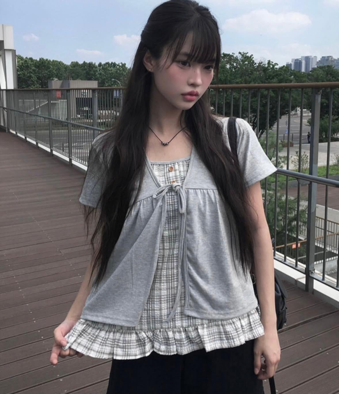 格紋拼接雙層短袖套衫
