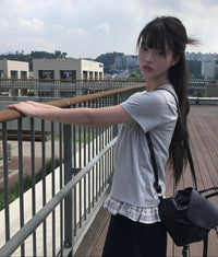 格紋拼接雙層短袖套衫